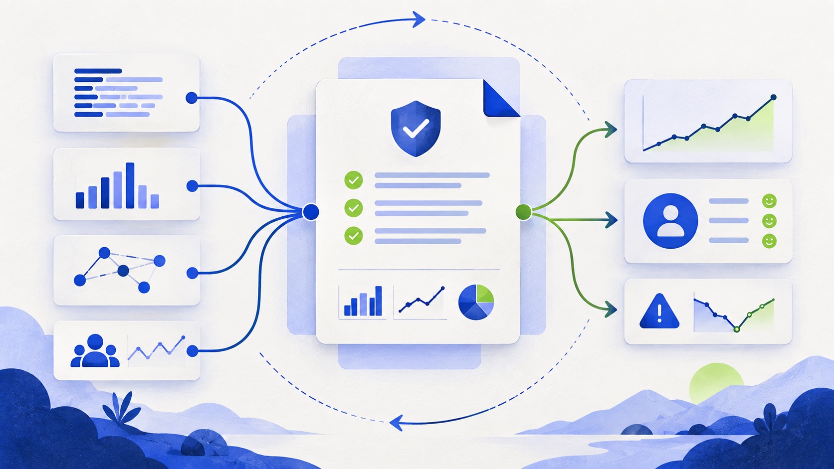 Editorial illustration of logs, metrics, and traces converging into an actionable decision.
