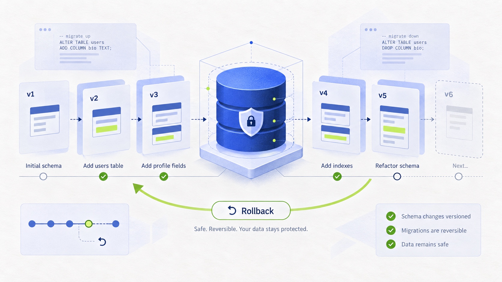 Editorial illustration of a database schema moving through compatible migration stages with a rollback path.