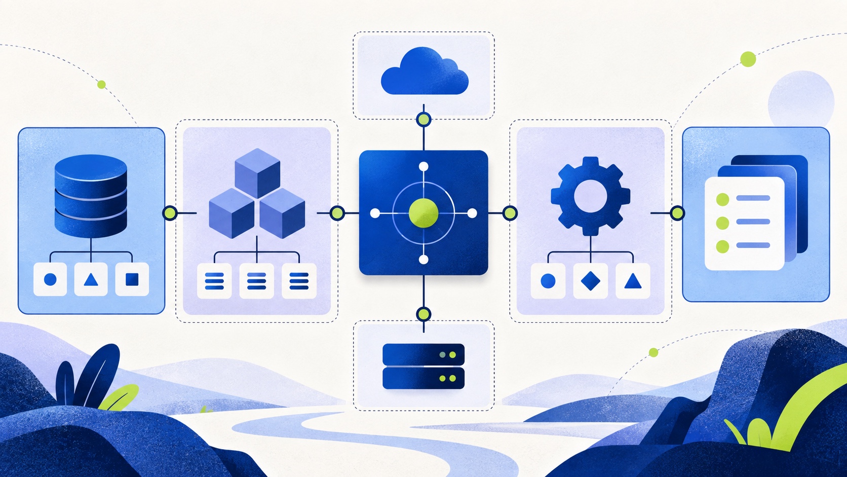 Editorial illustration of software architecture divided into owned zones with controlled gateways.