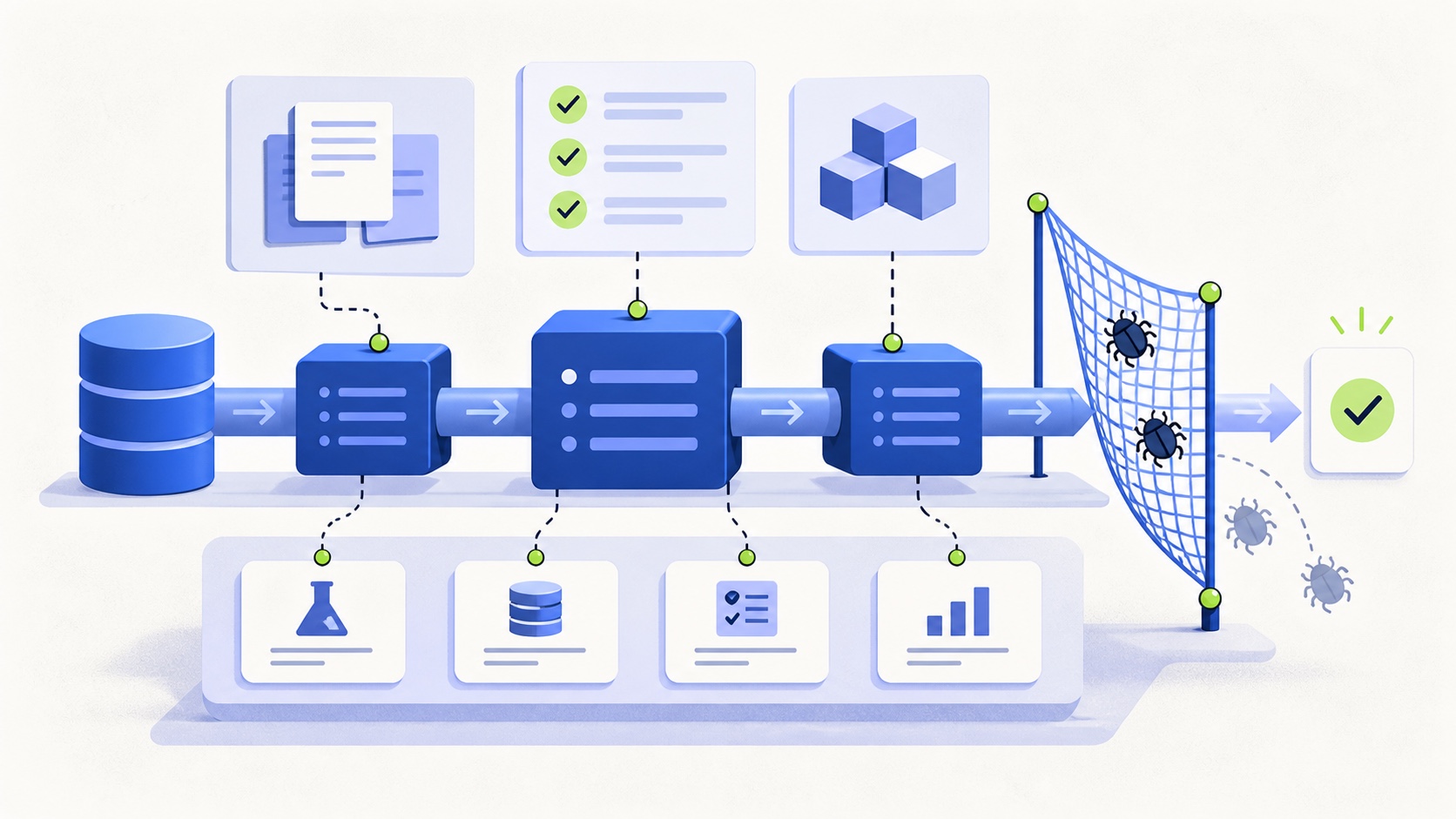 Editorial illustration of contract and integration tests surrounding a backend service boundary.